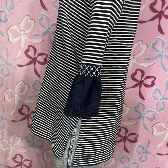 J. Jill Tunic Top Size Small Petite Navy Blue Striped Flutter Sleeve Blouse - Picture 4 of 11
